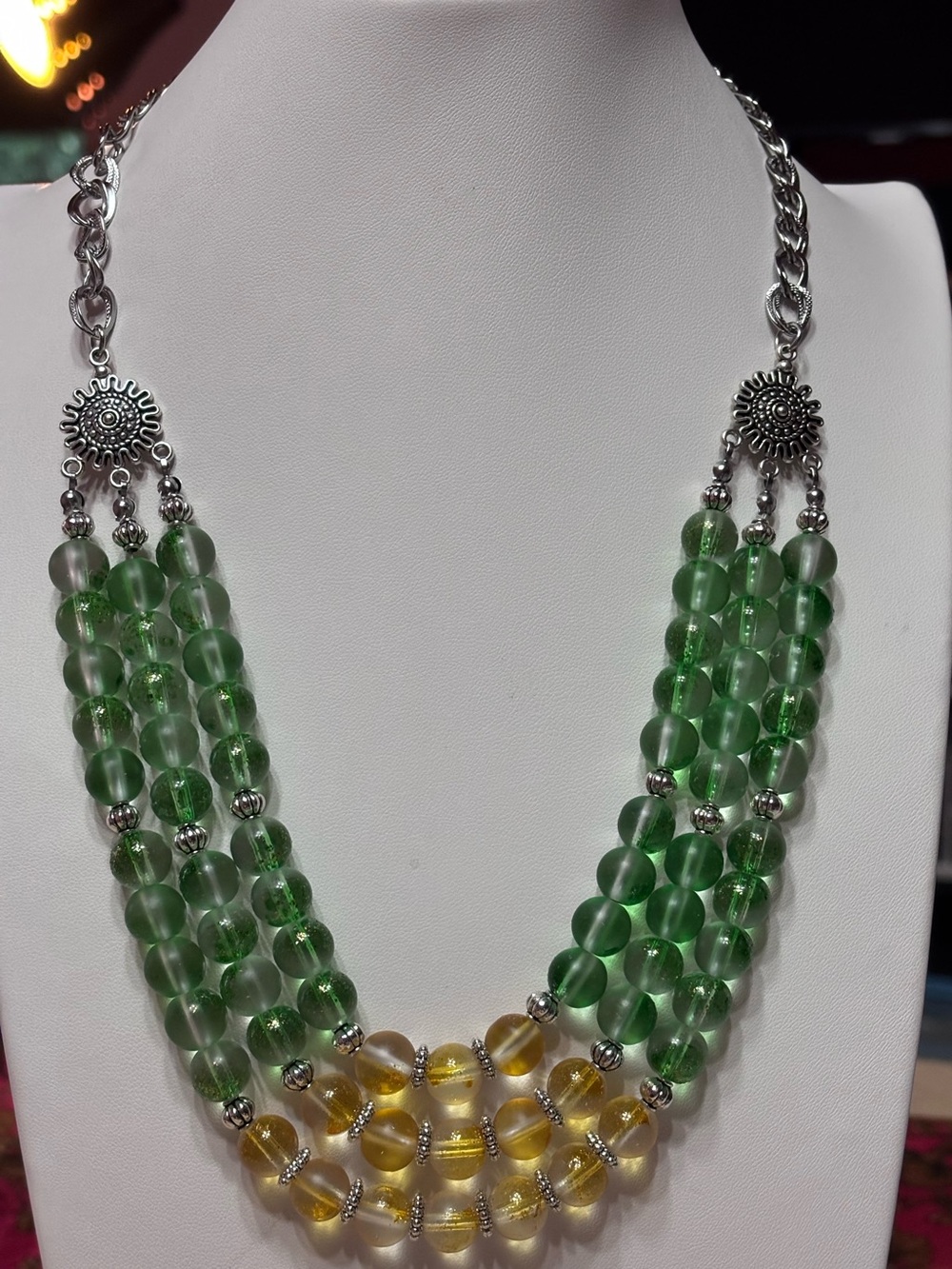 Handmade Green & Yellow Multi-Strand Beaded Necklace 24 inches
